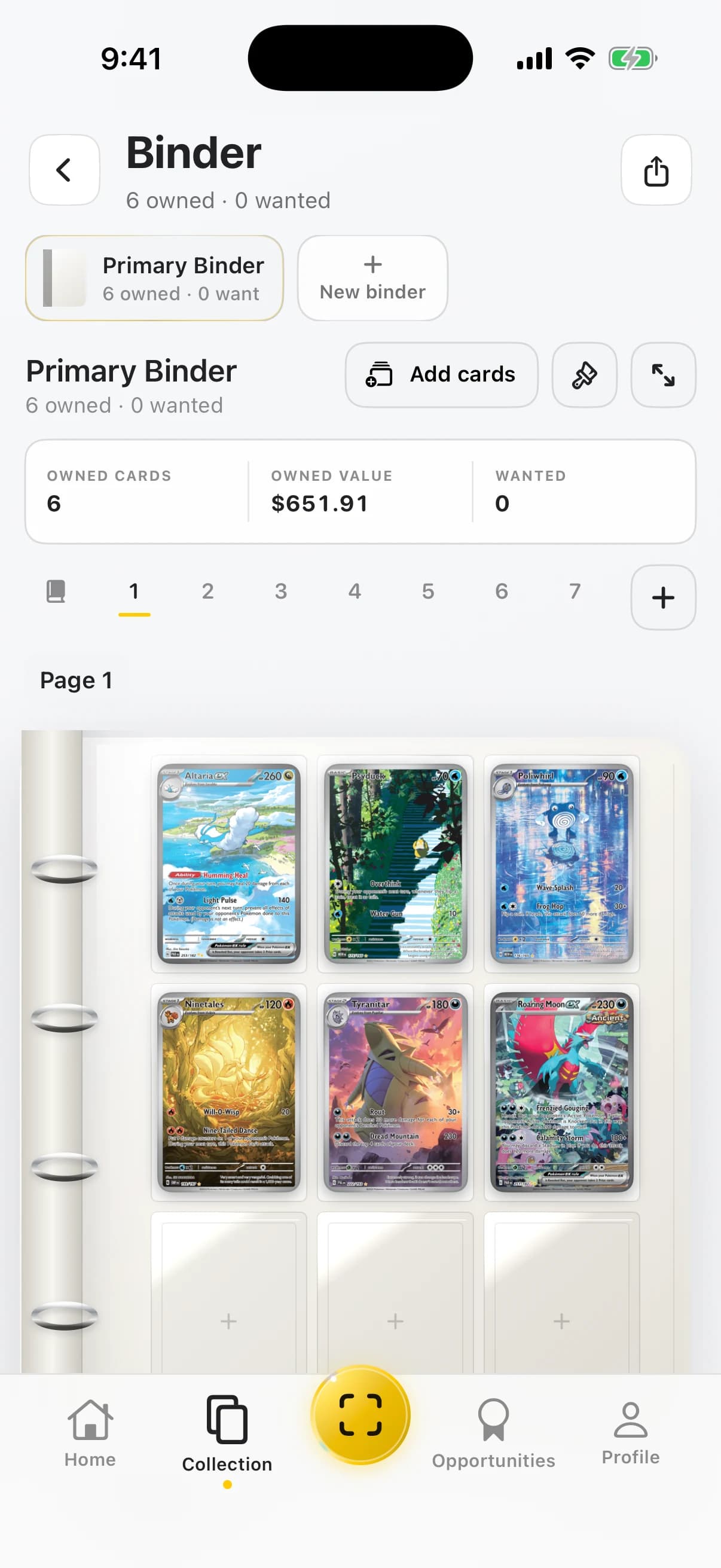 Slabbies Binder with raw cards in a page-and-pocket layout, owned counts and wanted positions