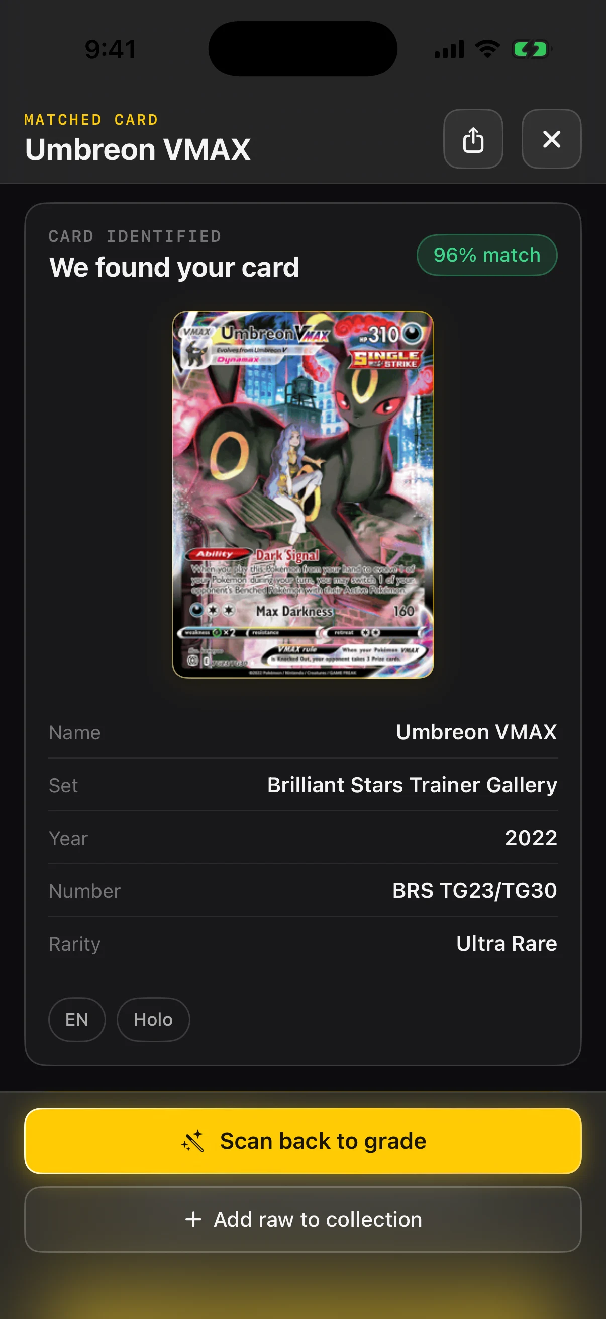 Slabbies identifying the exact Umbreon VMAX printing, set, card number, language and holo finish