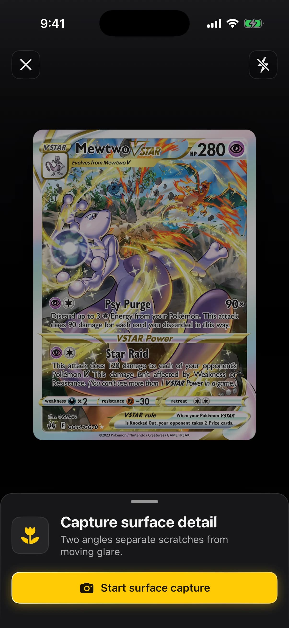 Slabbies surface capture for Mewtwo VSTAR, prompting a reflective angle to inspect visible surface evidence