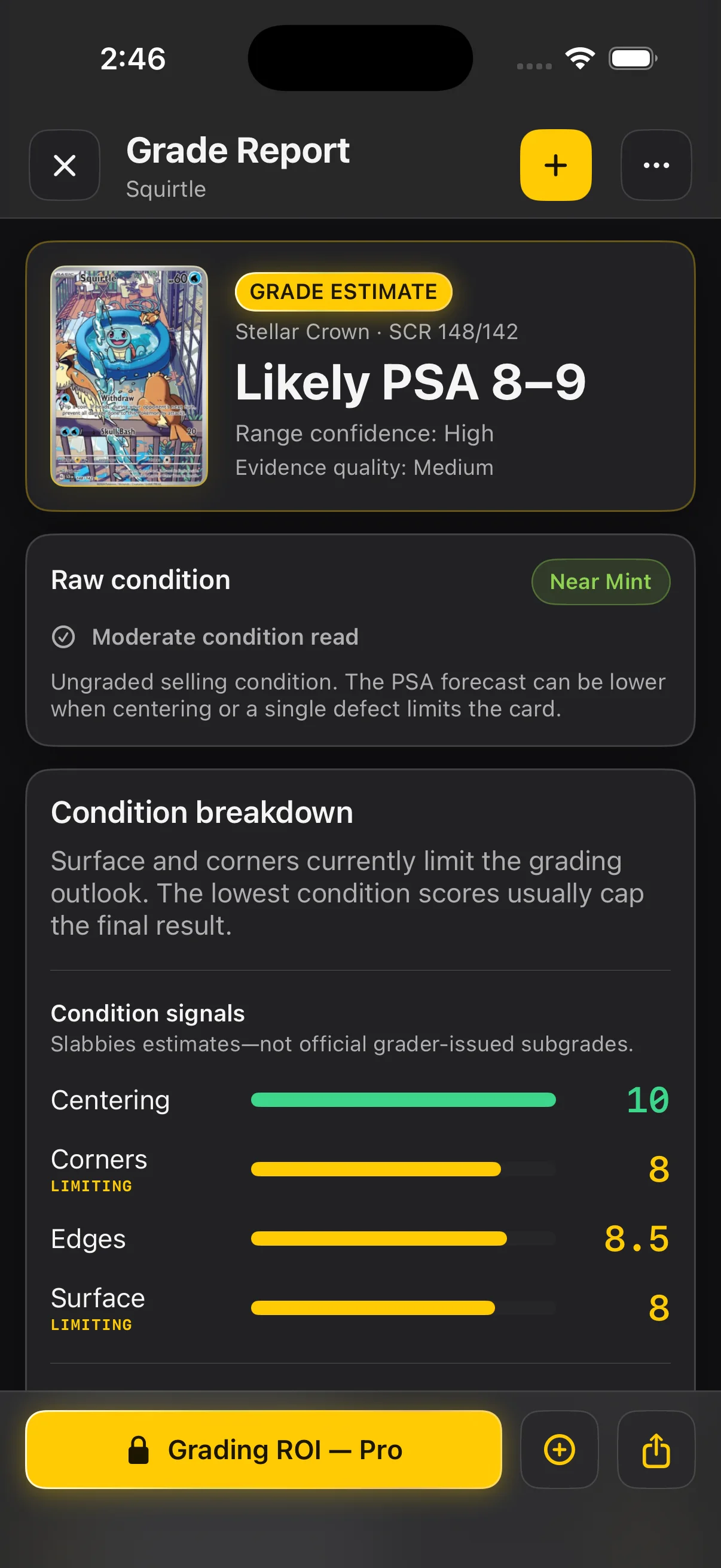 Real Slabbies Squirtle grade report showing likely PSA 8–9 and surface and corner limiting signals