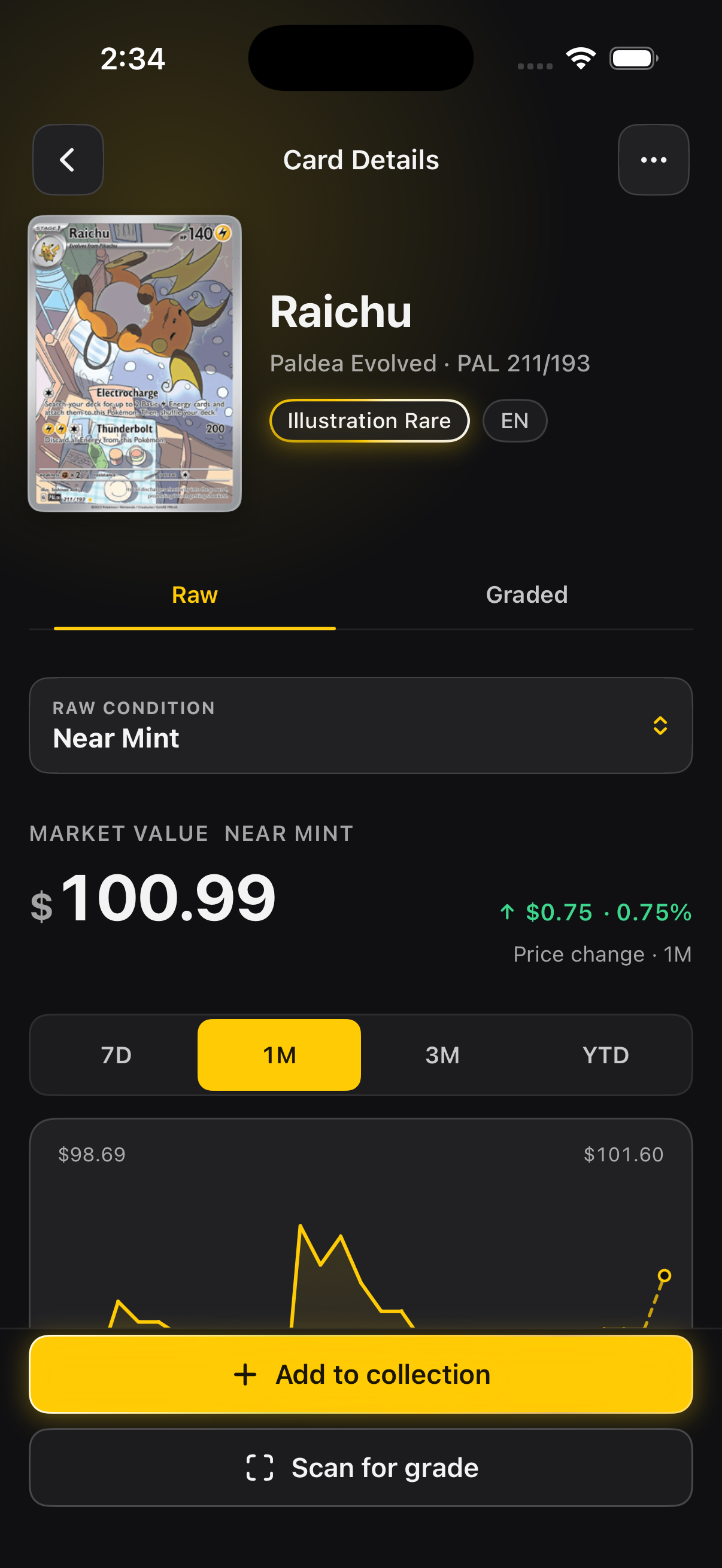 Slabbies app showing Raichu’s card details, exact printing and market value